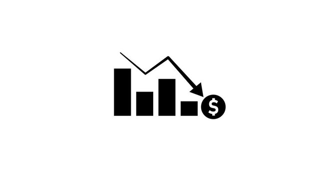 Business finance decline icon featuring a bar chart, downward trend arrow, and dollar symbol. Represents financial loss, market decline, reduced revenue, economic downturn, investment risk,