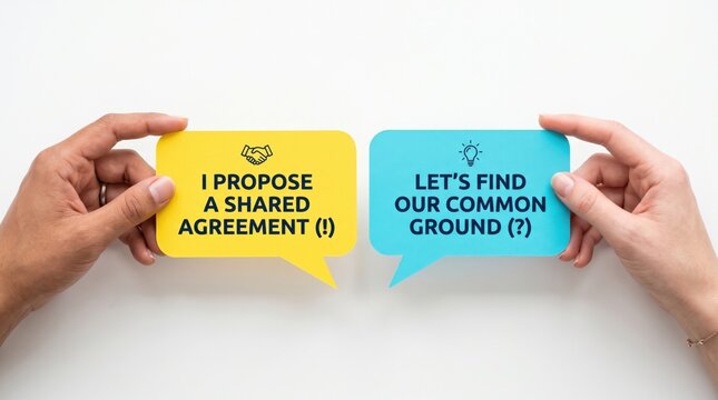 Two hands hold speech bubbles with negotiation phrases about agreement and common ground, symbolizing communication and collaboration.