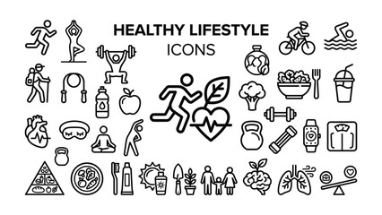 Fototapeta premium Healthy Lifestyle Icons Collection: A vibrant assortment of graphic icons representing various facets of a healthy lifestyle, including fitness, nutrition, relaxation, and outdoor activities.