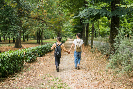 Back view of young gay couple with backpacks walking hand in hand in autumnal park
