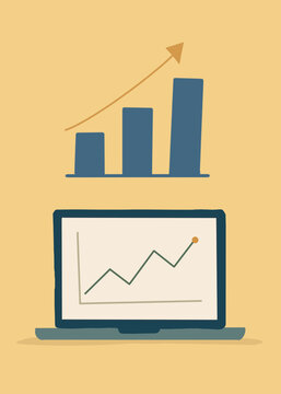 A laptop displays a business growth chart and financial statistics