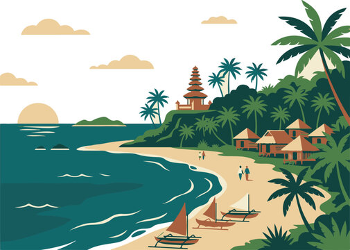 Scenic Bali island landscape featuring traditional gate surfers and beach tourists vector graphic.