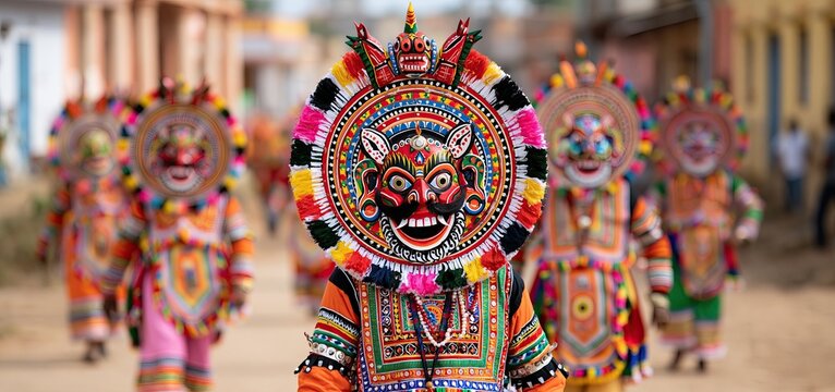 Vibrant Indian festival featuring dancers adorned with intricate masks celebrating rich cultural traditions.
