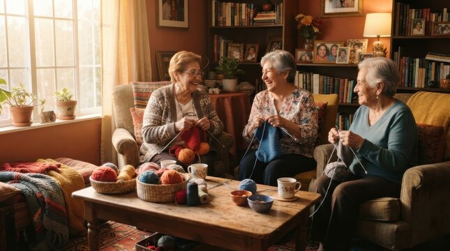 Cozy Knitting Circle: Three elderly women enjoy a warm and cozy afternoon together, knitting in a comfortable living room filled with books and sunlight, sharing laughter and companionship.