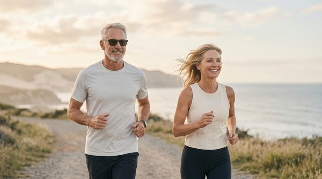 A smiling couple jogs along a scenic ocean path at sunrise, enjoying a healthy lifestyle.
