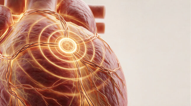 Cardiac conduction system network of glowing copper wires embedded in heart muscle highlighting sa node