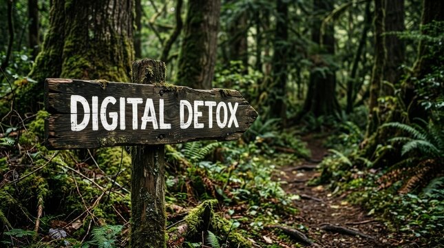 A wooden sign reading 'Digital Detox' in a lush, green forest path invites calm.
