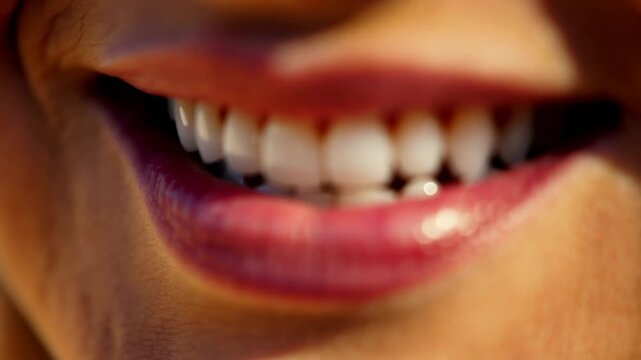 Close-up of smiling woman with light brown skin showing teeth, transitioning from lips together to a broad smile in bright outdoor setting with natural light