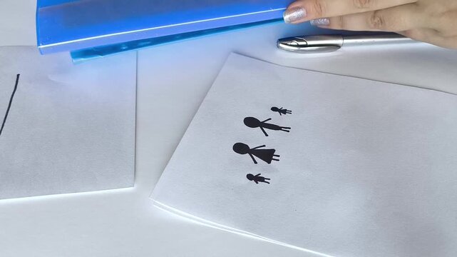 Close up of a family drawing on a table, with a woman working in an office in the background, representing population statistics, fertility rates, demographic trends and population research.