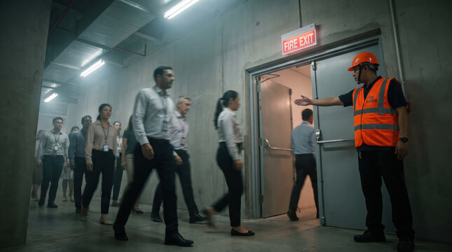 Office workers evacuating building through emergency exit under guidance from safety officer, calm response during workplace emergency preparedness and evacuation drill
