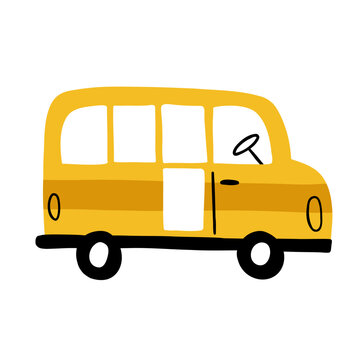 Hand drawn yellow school bus illustration with simple playful shapes and black wheels. Cute childlike transport vehicle isolated on white for kids, education, school and nursery themes.