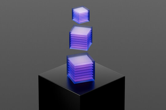 Glowing 3D quantum data blocks floating over a black pedestal