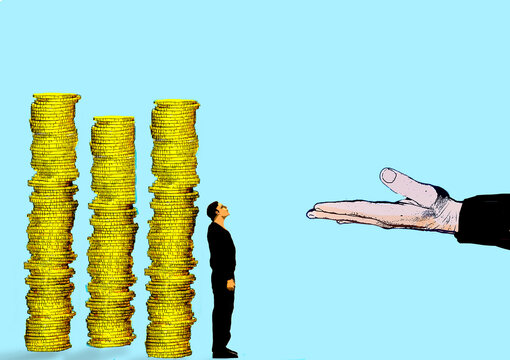 A giant hand asks for payment near tall stacks of gold coins