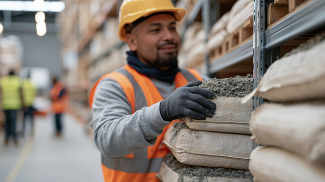 A Filipino construction worker loads bags of cement onto heavy gauge steel site shelving inside a building supplies depot, fork marks visible on the warehouse floor, other