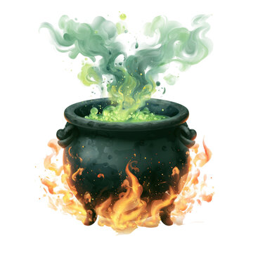 Cauldron of Mystery: A dark, mystical cauldron simmers over a fiery blaze, emitting an eerie green vapor and an enigmatic glow, hinting at ancient magic and untold secrets.