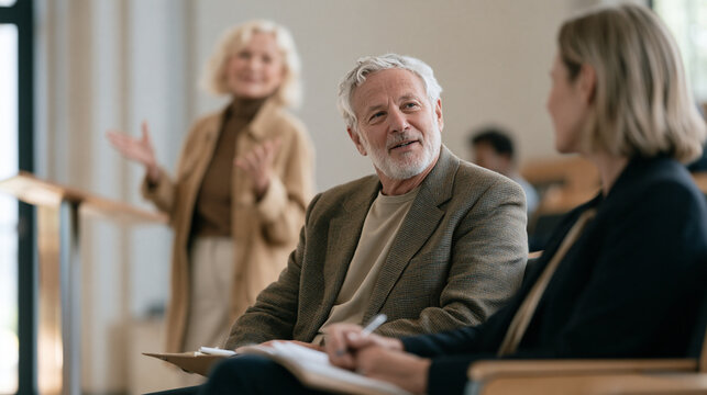 Confidence coach working with a retiree on public speaking technique in a small seminar room, the client standing at a podium with hands raised, coach seated in front row offering