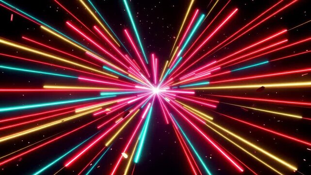 Colorful light beams radiate outward in a dynamic explosion of vibrant hues, creating a visually striking display against a dark background