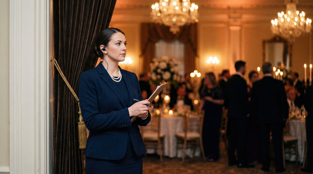 Elegant female event coordinator standing beside curtain while monitoring formal gala reception with guests and chandeliers