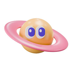3D Rendered Cute Cartoon Planet Character with Large Eyes and Ring © miber duwur