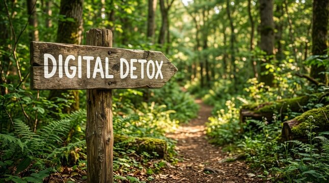 A wooden sign indicating 'Digital Detox' in a lush, sunlit forest trail.
