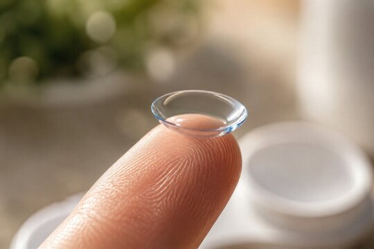 Clear Contact Lens Balanced on Fingertip in Macro Close-Up for Vision and Eye Care