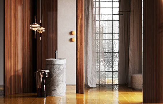 Bright mid century bathroom features a washbasin and yellow tile