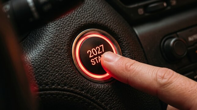 Finger pressing glowing start engine button labeled 2027 inside car with car interior pressing new year automotive technology ignition acceleration dashboard transportation