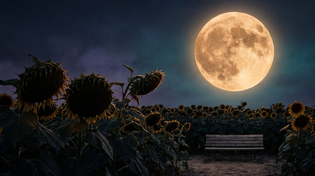 Full moon shining over a field of sunflowers with a bench  