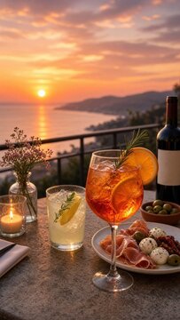 Vertical gourmet al fresco dining at sunset table with aperol spritz and coastal view for elegant lifestyle blog content on summer evening ambiance