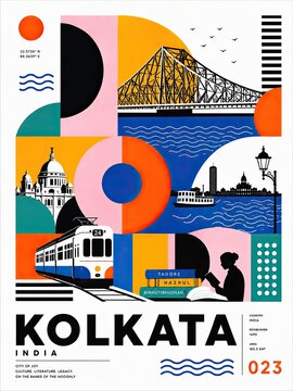 Illustrated Kolkata travel poster featuring the Howrah Bridge, city landmarks, tram, river, and bold geometric shapes.