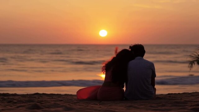 Couple lovers sitting at a beach watching sunset