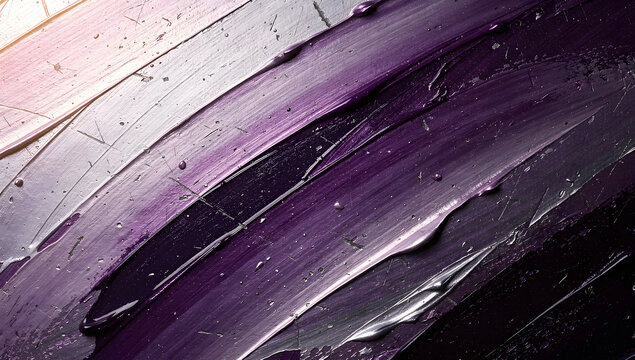Diagonal wet paint strokes in deep plum purple and silver tones with glossy droplets and distressed scratched texture
