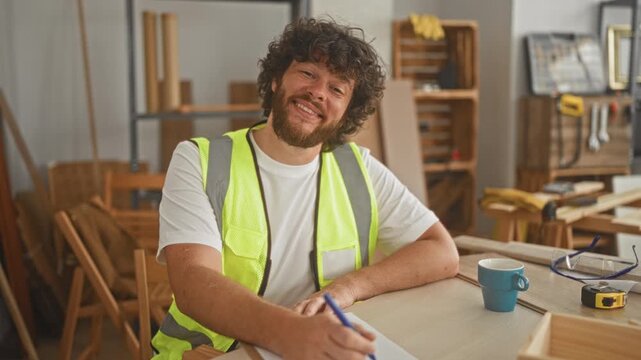 Man carpenter writing with pen and hand on table in building workshop, wearing reflective vest; satisfaction focus.