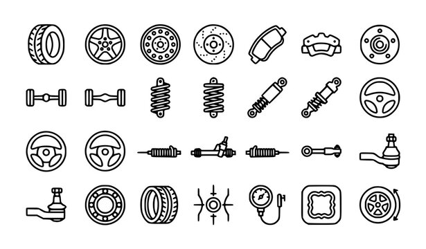 Car Wheel and Brake Parts Linear Outline Icons with Tire Disc Caliper Suspension Steering Hub and Auto Repair Symbols