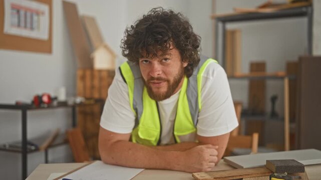 Man carpenter leans on table with forearms visible, handling wood and tape near sandpaper and measuring tools in building; practical confidence.
