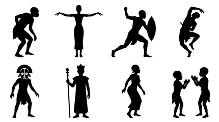 Obraz premium Set of silhouettes of African tribal people in various poses including traditional dance, hunting, and ceremonies, cultural heritage illustration