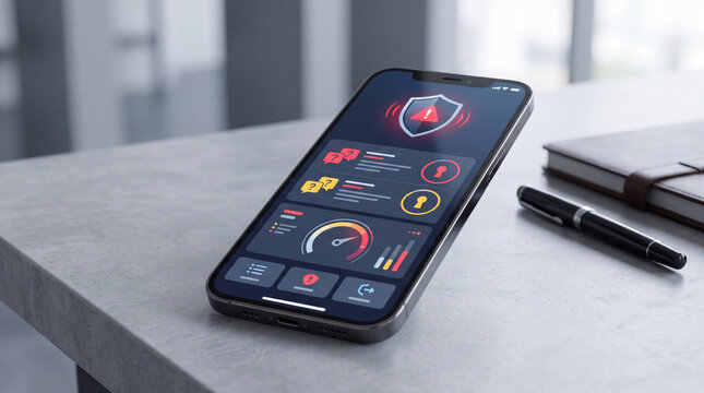 Smartphone displaying cybersecurity dashboard with security shield icon, alert symbols, and performance graphs, ideal for digital security concepts