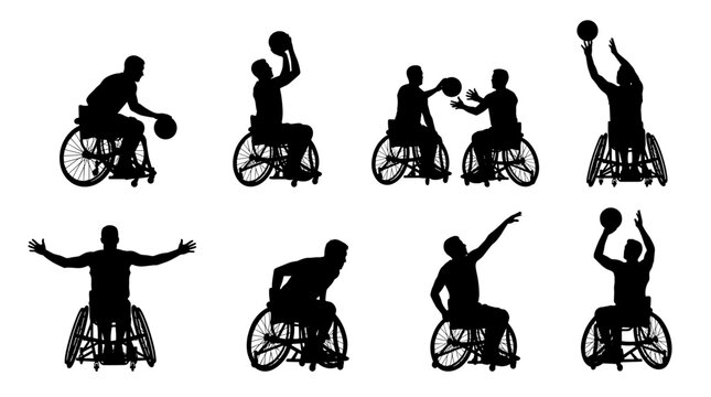 Set of silhouettes of athletes with a disability playing basketball in wheelchairs showing dynamic movement and sport competition