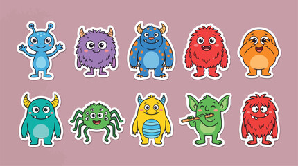 Fototapeta premium Cute Cartoon Monsters and Aliens Sticker Set Vector Collection