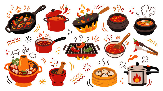 Set of spicy cooking utensils and hot food dishes, frying pans and pots with steam, culinary preparation, restaurant menu illustration, kitchen