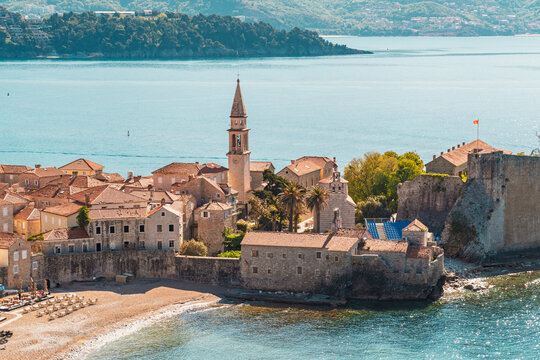 Montenegro old town and Church of Saint John by the Adriatic bay