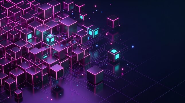 Group of 3D glowing purple and cyan futuristic digital cubes on dark surface with 3D blocks abstract technology futuristic design geometric shapes data structure glowing neon