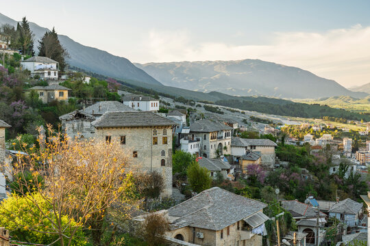 Historic Ottoman houses on a serene hillside in Gjirokaster Albania
