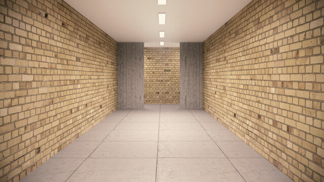 Empty cellar with brick wallsand concrete floor in a school building, 3D Rendering