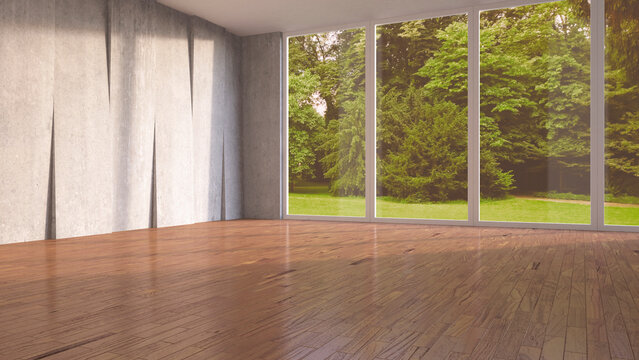 Empty room with concrete wall and wooden flooring, 3D Rendering