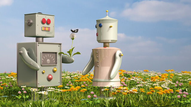 Male and female robot standing on flower meadow, 3D rendering
