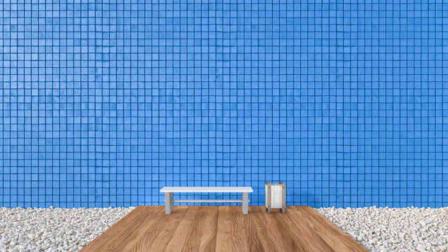 3D-Rendering, blue wall tiles and bench