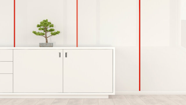 Sideboard with bonsai in a room, 3d rendering