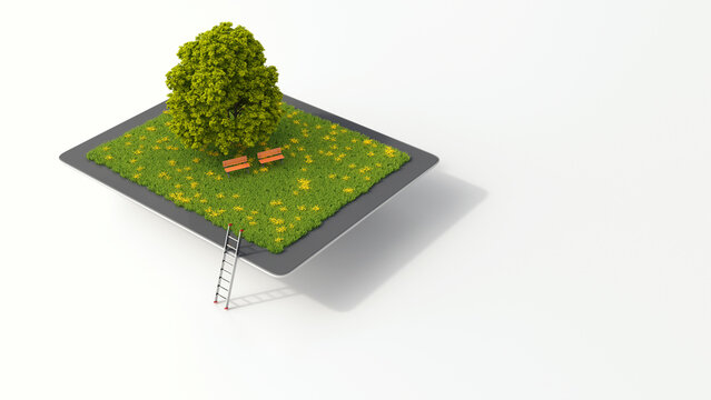 Tablet with tree and benches on meadow, 3D rendering