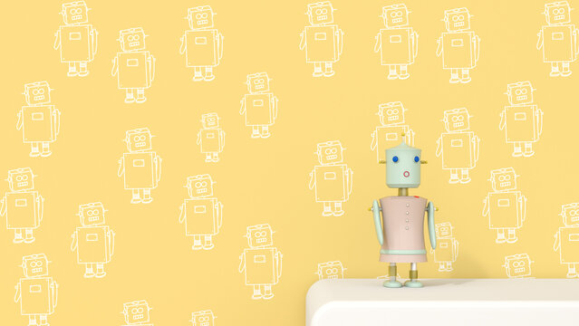 Female robot on sideboard in front of patterned wall paper, 3D rendering